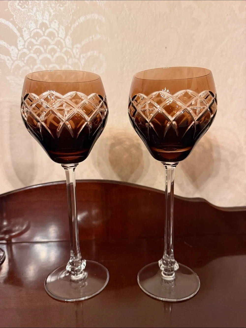 Pair Vintage Cut to clear Glass Wine Goblets
